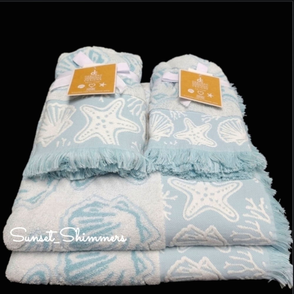 6pc Deborah Connolly Coastal Starfish Scalloped Seashell Bath Hand Tip Towel Set - Picture 10 of 10